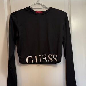 GUESS Black Long Sleeve Cropped Tee with Logo